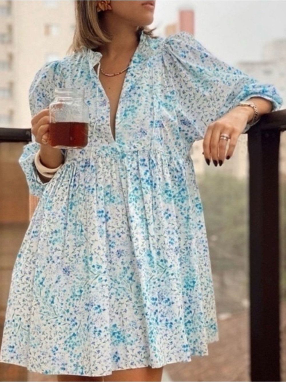 NEW Zara Babydoll Cottagecore Blue and White Floral Ruffle Dress